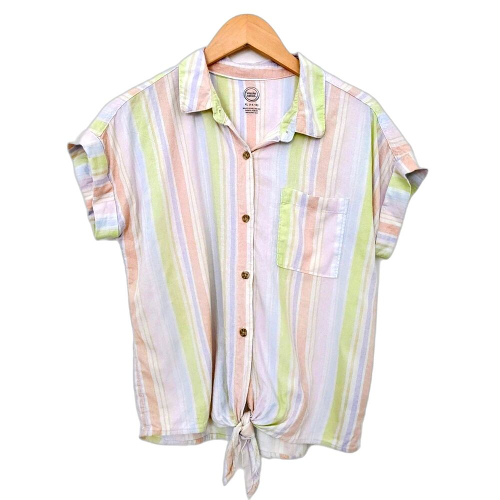 Wonder Nation Girls Multi Color Stripe Button Up Linen Rayon Short Sleeve Top XL